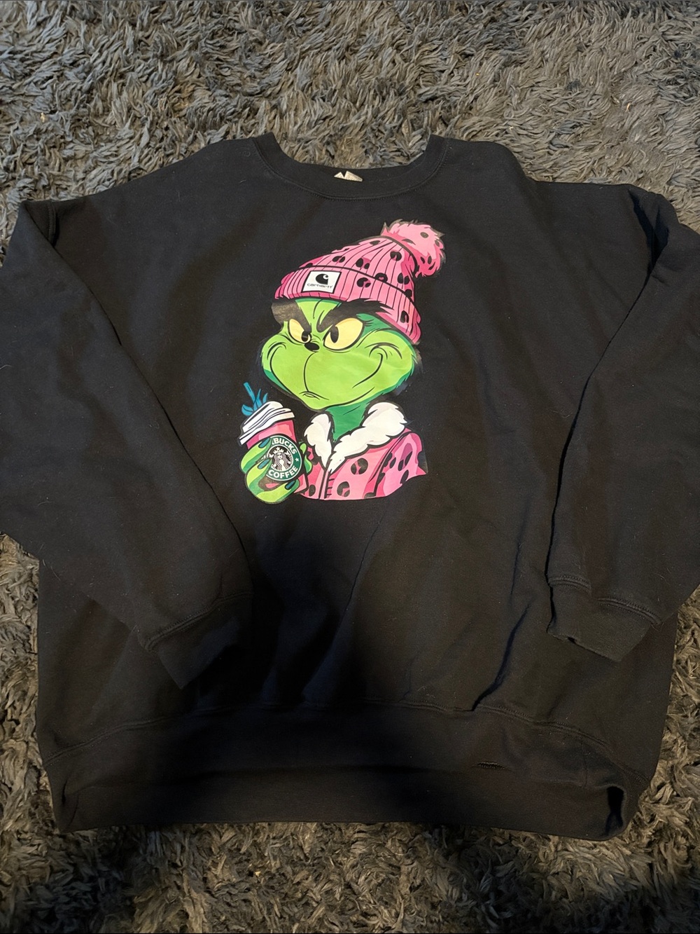Gildan Black Crewneck Sweatshirt with Green Grinch and Pink Accents